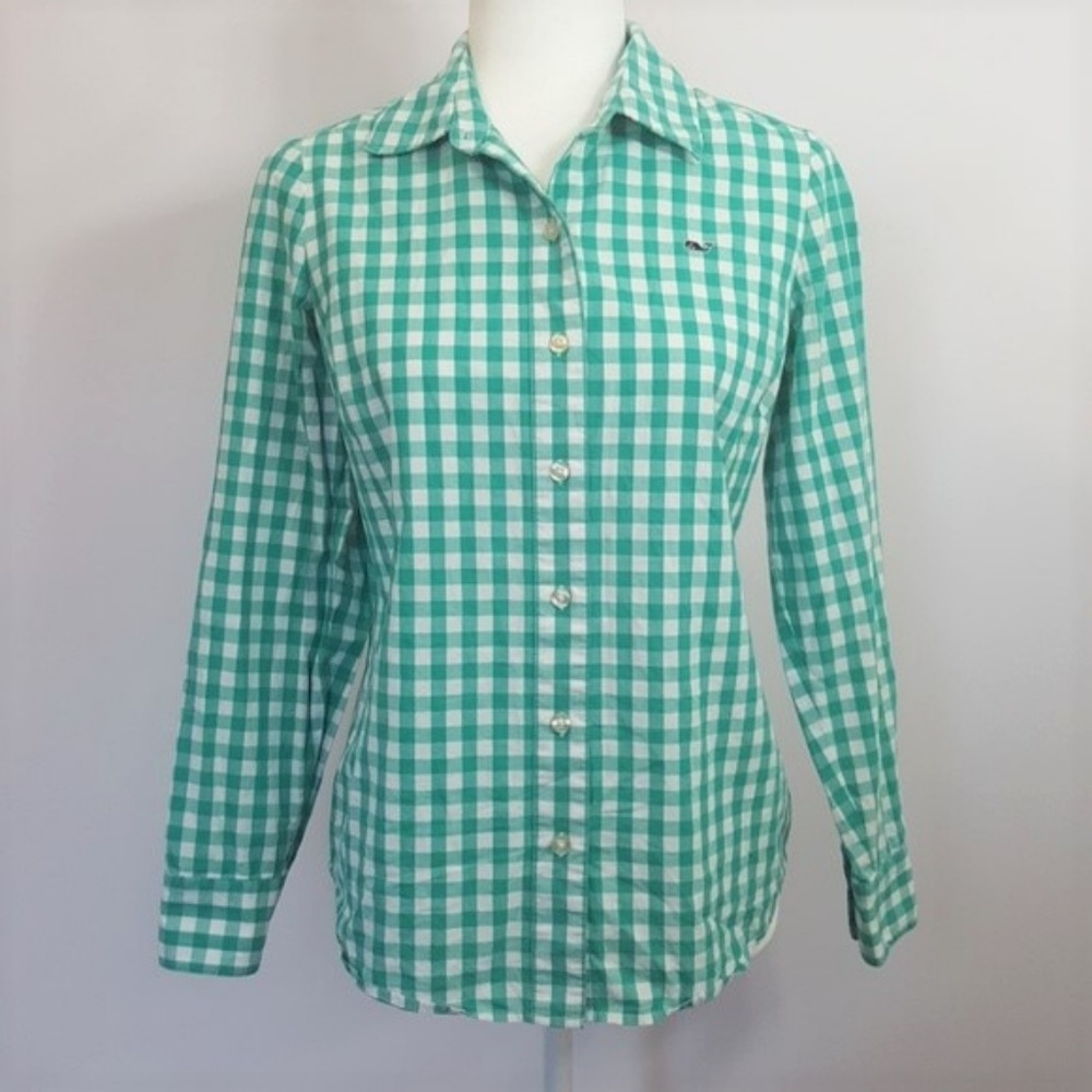 Vineyard Vines Gingham Button Down Teal Size 2